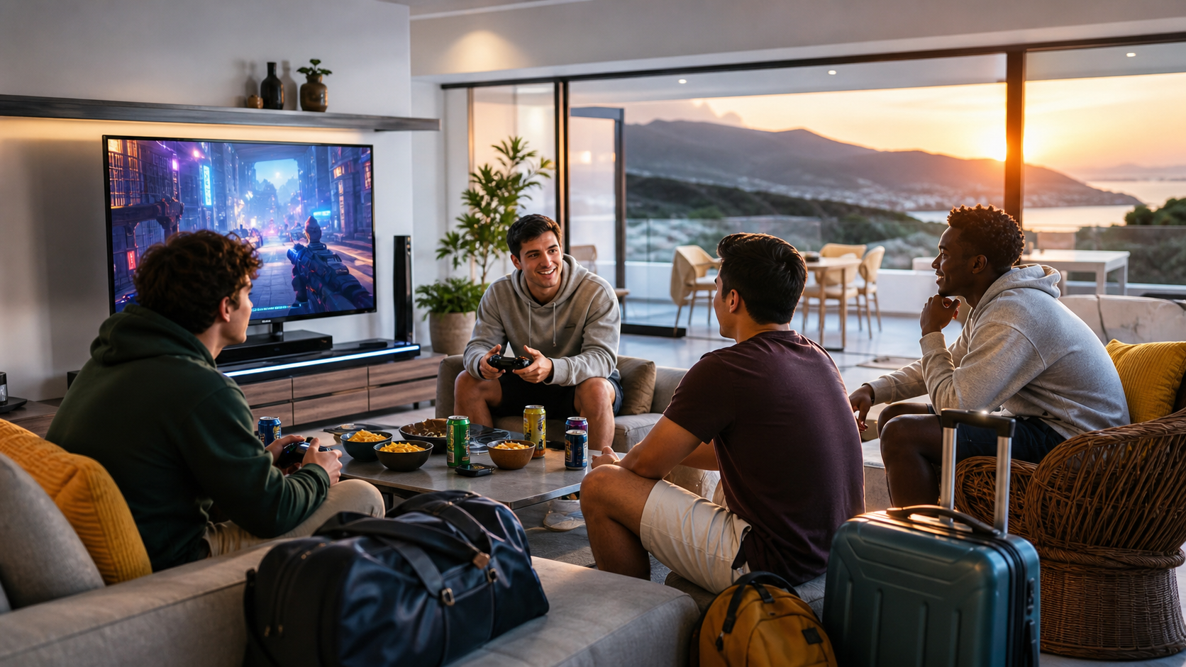 Quatre amis organisent un tournoi gaming dans une maison de vacances moderne