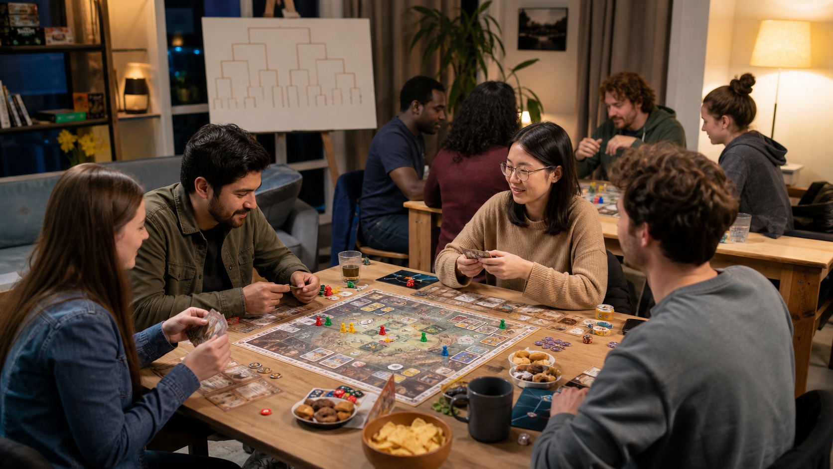 Soirée jeux de société avec plusieurs tables et tableau de tournoi